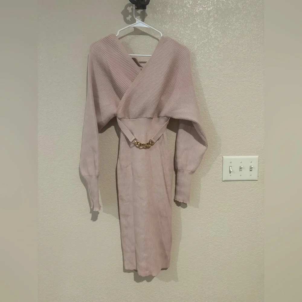 NWOT Blush Pink Sweater Dress Women’s Small Off Shoulder Wrap Style Ribbed Knit - Picture 1 of 4